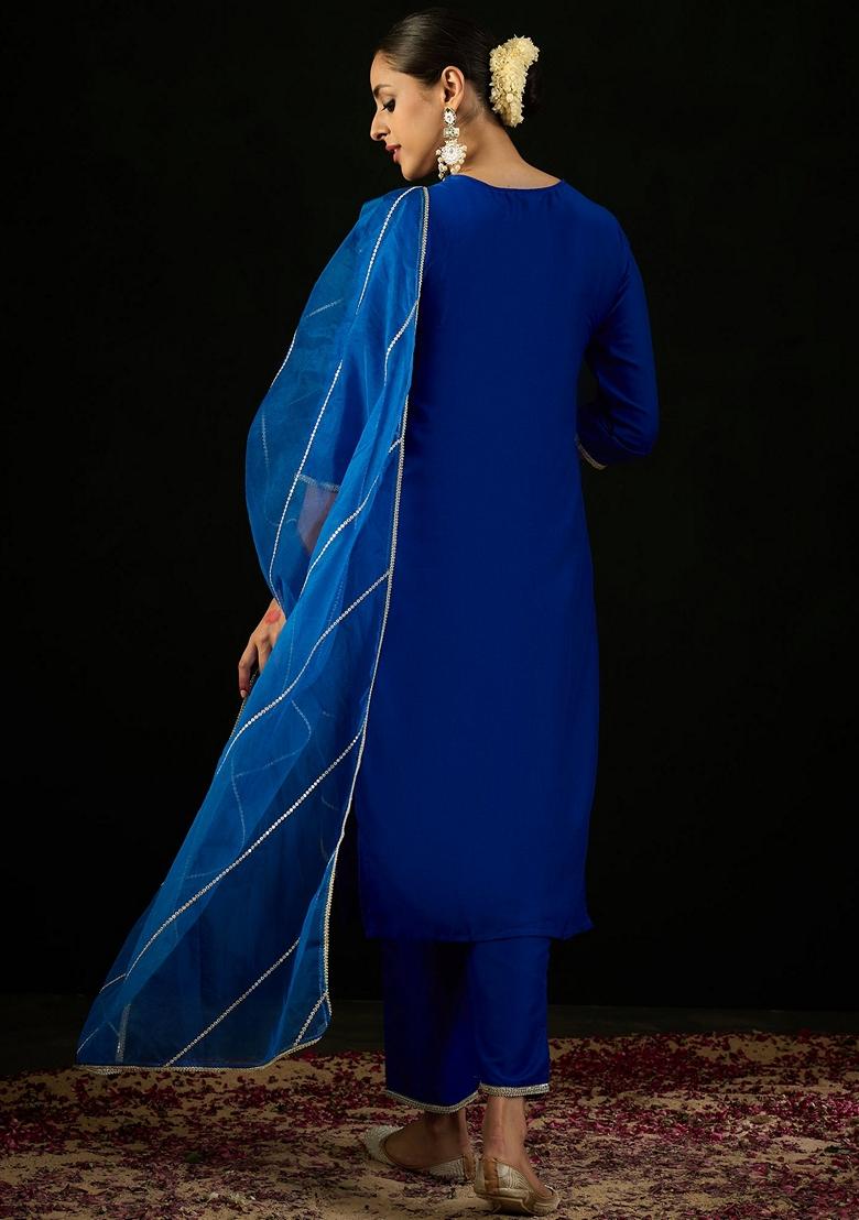 Blue Embroidered Silk Blend Salwar Kameez With Dupatta