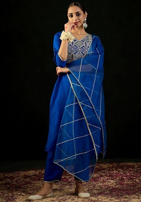 Blue Embroidered Silk Blend Salwar Kameez With Dupatta