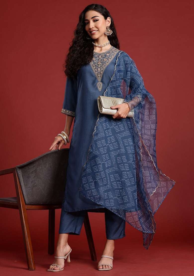 Grey Embroidered Blended Straight Kurta Set - Indya