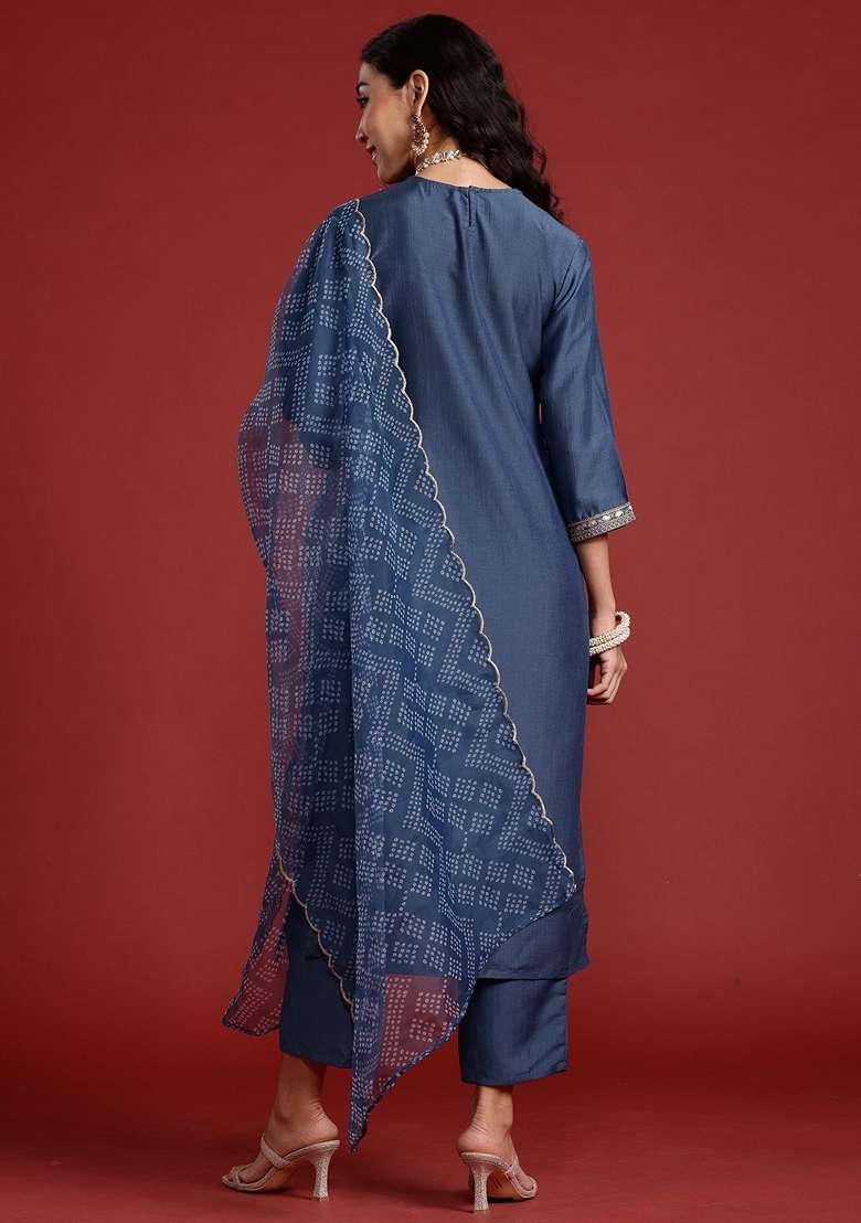 Grey Embroidered Blended Straight Kurta Set - Indya