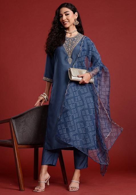 Grey Embroidered Silk Blend Salwar Kameez With Dupatta