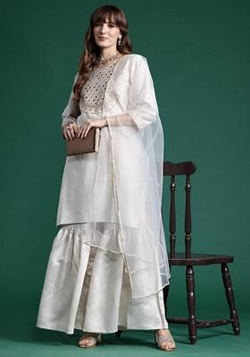 Off White Embroidered Liva Sharara Set With Dupatta