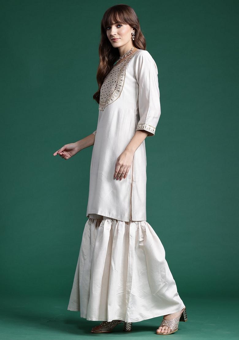 Off White Embroidered Liva Sharara Set With Dupatta