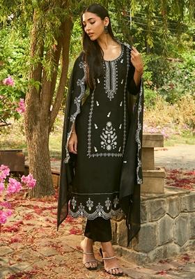 Black Embroidered Silk Blend Salwar Kameez With Dupatta