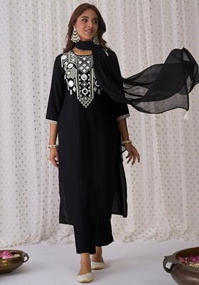 Black Embroidered Rayon Salwar Kameez With Dupatta