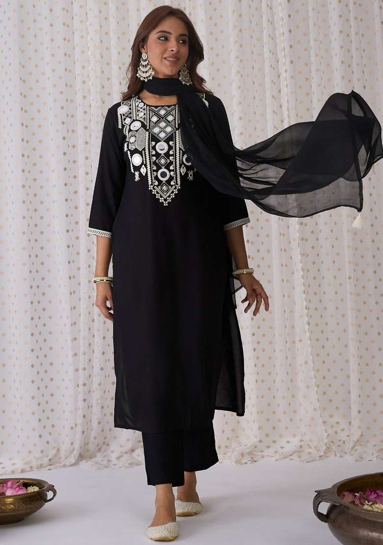 Black Embroidered Rayon Straight Kurta Set - Indya