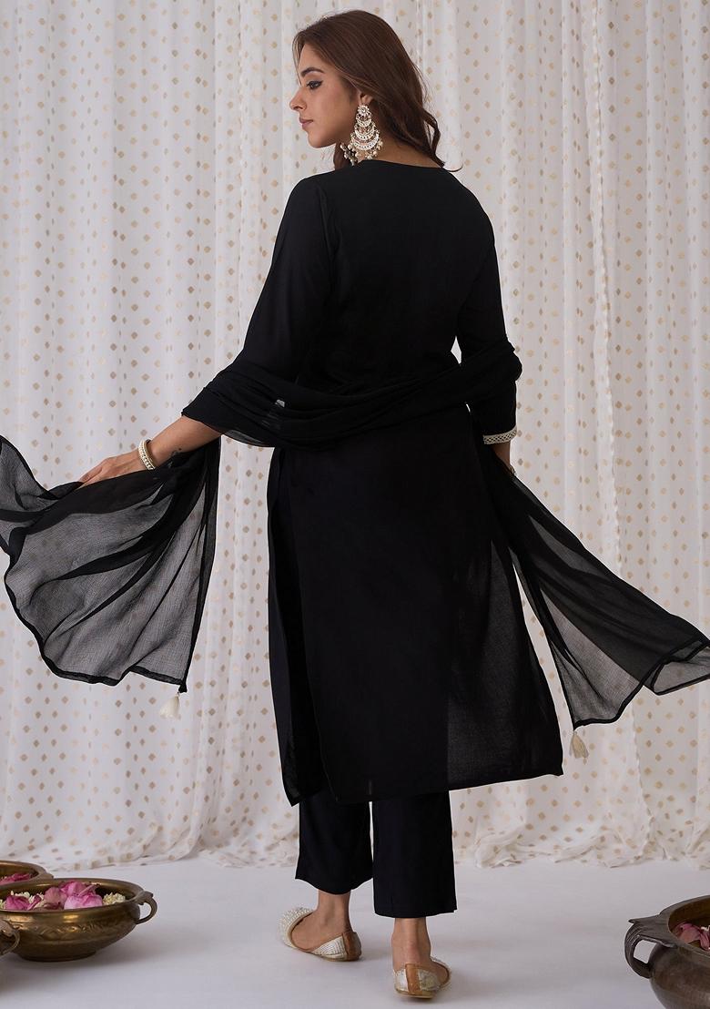 Black Embroidered Rayon Salwar Kameez With Dupatta