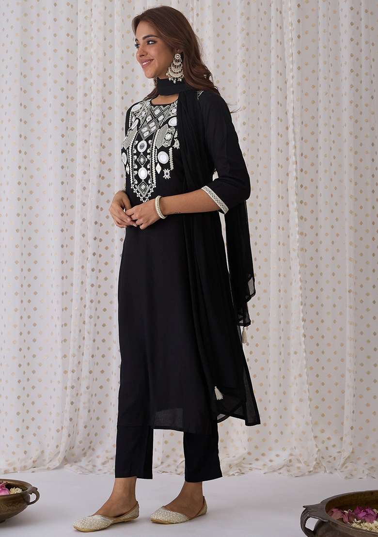 Black Embroidered Rayon Straight Kurta Set - Indya