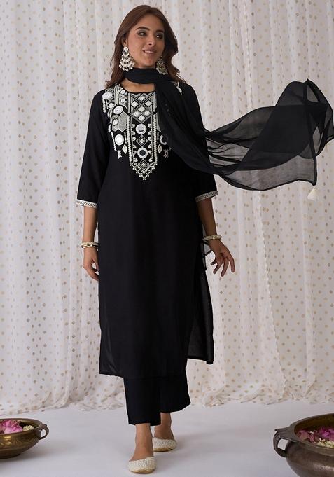 Black Embroidered Rayon Salwar Kameez With Dupatta