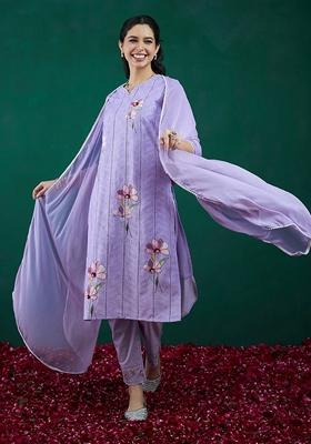 Purple Printed Cotton Blend Salwar Kameez With Dupatta