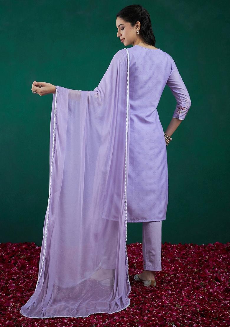 Purple Printed Cotton Blend Salwar Kameez With Dupatta