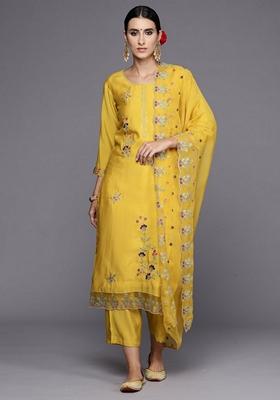 Yellow Embroidered Silk Blend Salwar Kameez With Dupatta