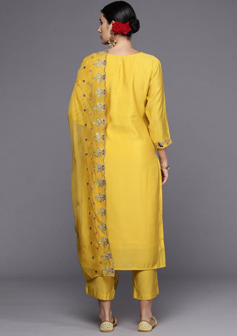 Yellow Embroidered Silk Blend Salwar Kameez With Dupatta