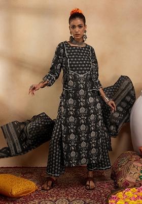 Black Printed Pure Cotton Palazzo Set With Dupatta