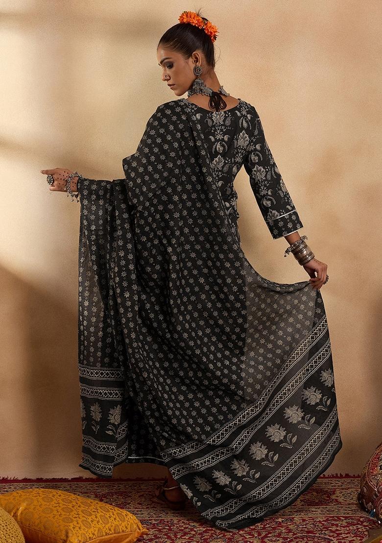 Black Printed Pure Cotton Palazzo Set With Dupatta