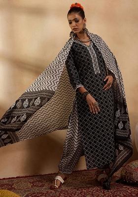 Black Printed Pure Cotton Salwar Kameez With Dupatta