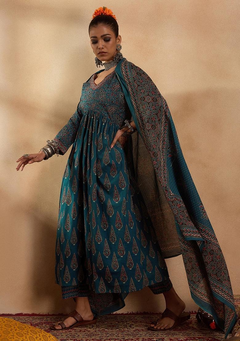 Teal Blue Printed Pure Cotton Salwar Kameez With Dupatta