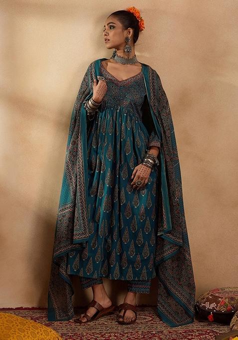 Teal Blue Printed Pure Cotton Salwar Kameez With Dupatta