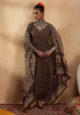Brown Printed Pure Cotton Palazzo Set With Dupatta