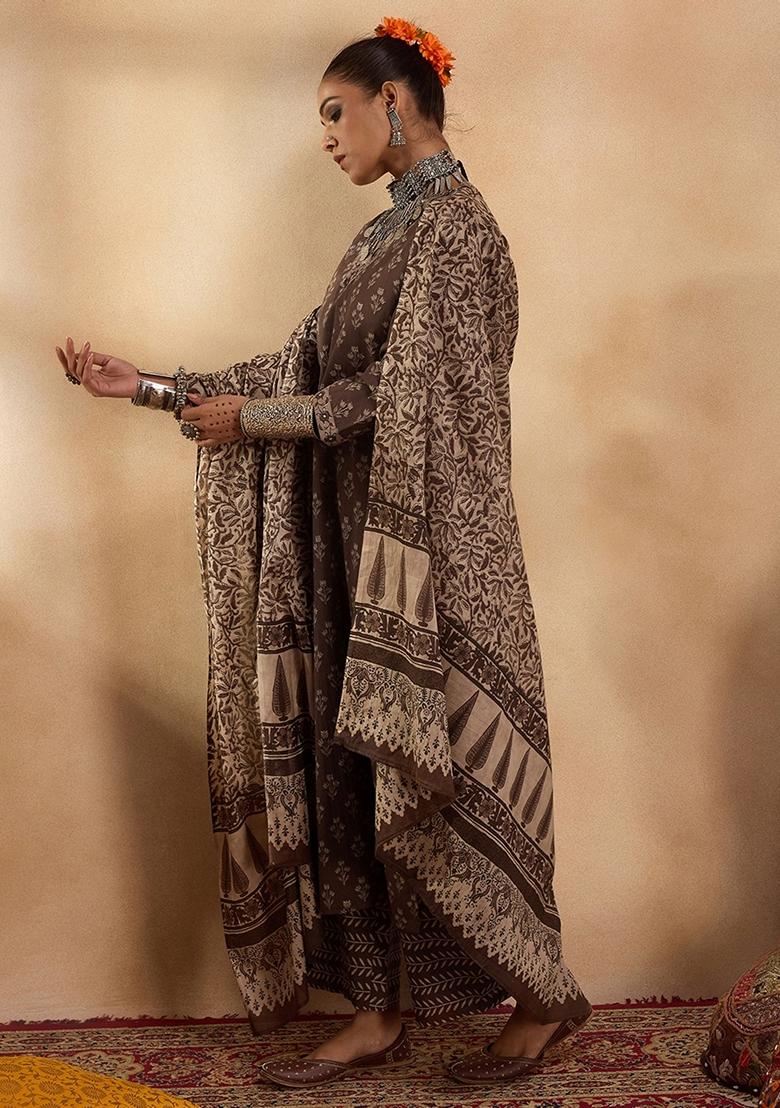 Brown Printed Pure Cotton Palazzo Set With Dupatta
