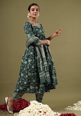 Green Printed Pure Cotton Salwar Kameez With Dupatta