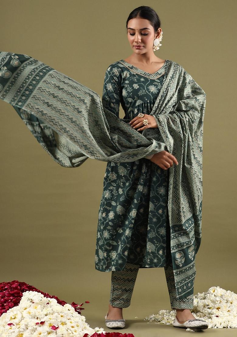 Green Printed Pure Cotton Salwar Kameez With Dupatta