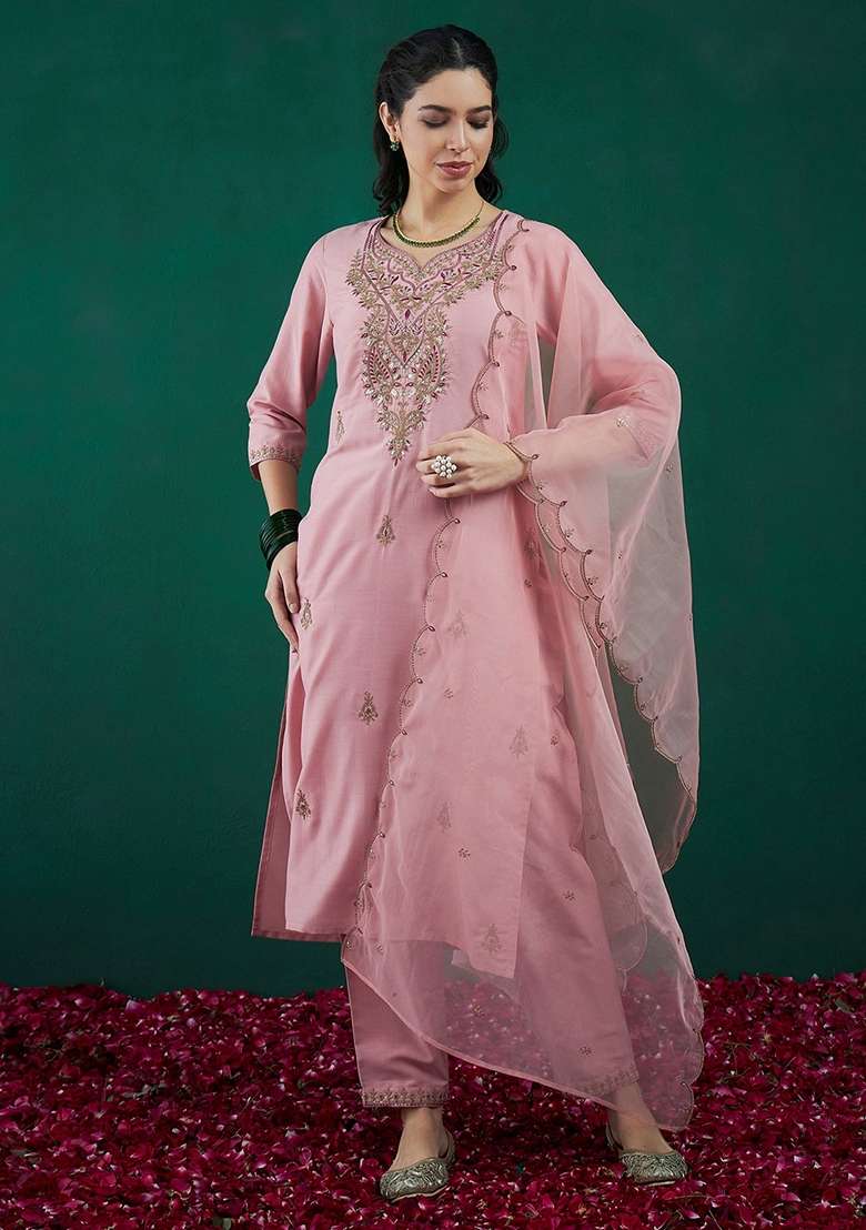 Pink Embroidered Blended Straight Kurta Set - Indya