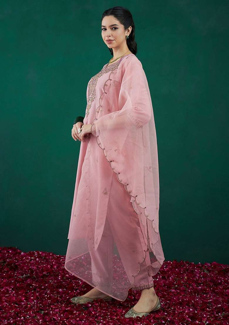 Pink Embroidered Blended Straight Kurta Set - Indya