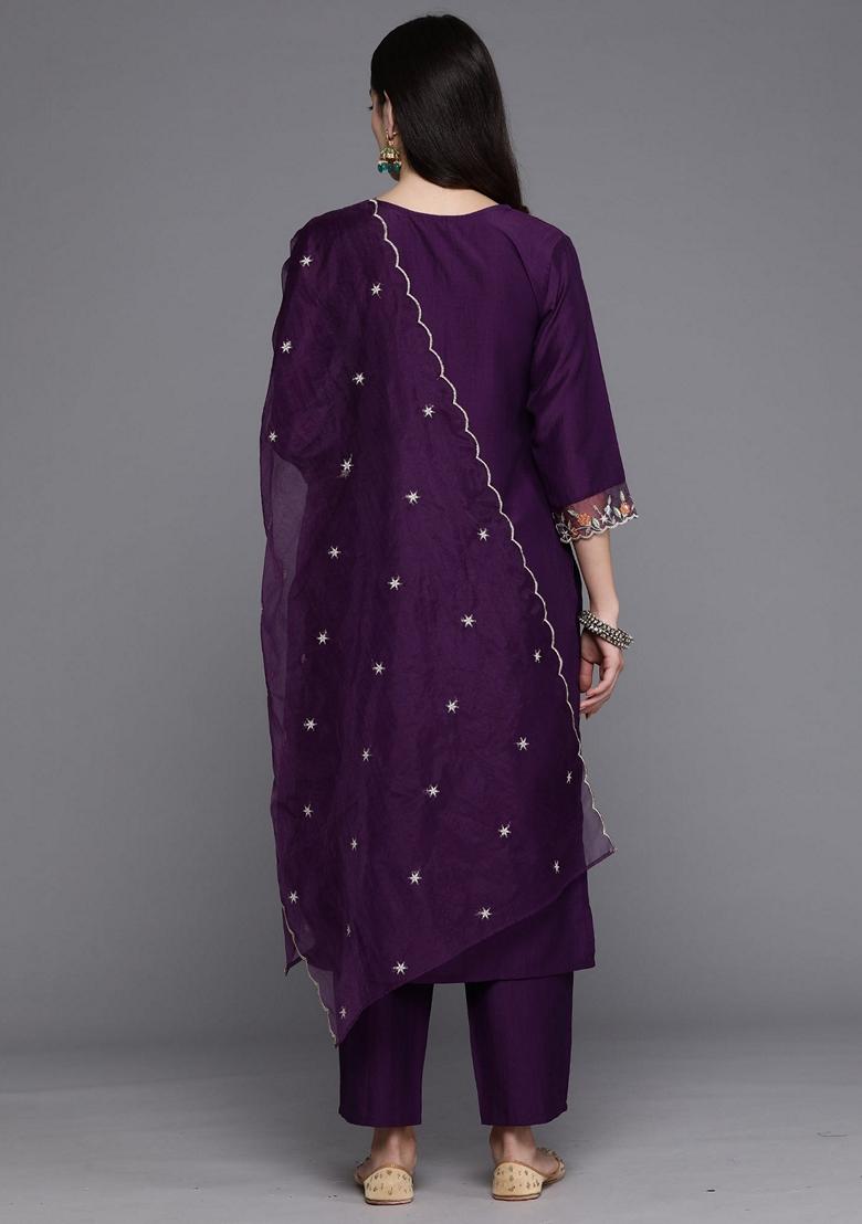 Purple Embroidered Silk Blend Salwar Kameez With Dupatta