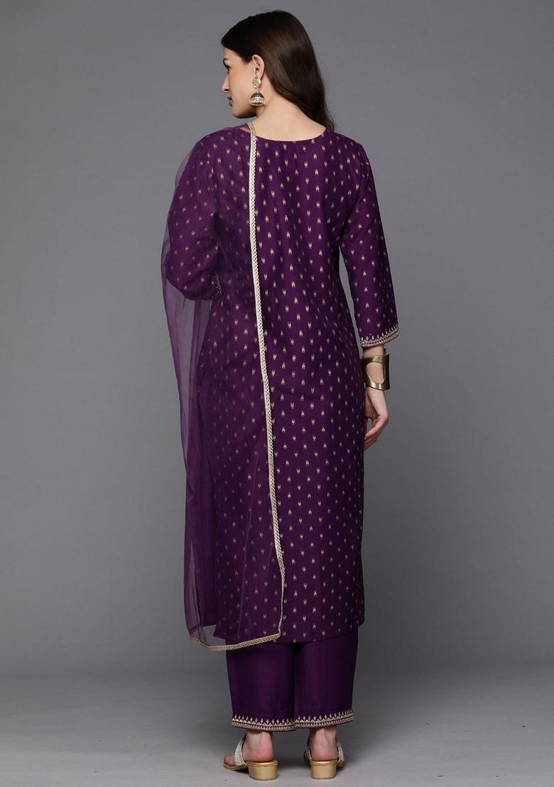 Purple Embroidered Polyester Salwar Kameez With Dupatta