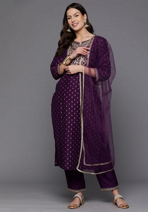 Purple Embroidered Polyester Salwar Kameez With Dupatta