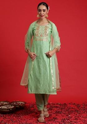 Green Embroidered Chanderi Salwar Kameez With Dupatta