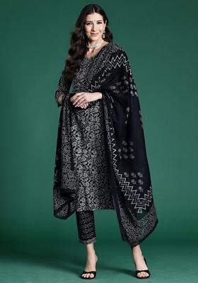 Black Printed Pure Cotton Salwar Kameez With Dupatta