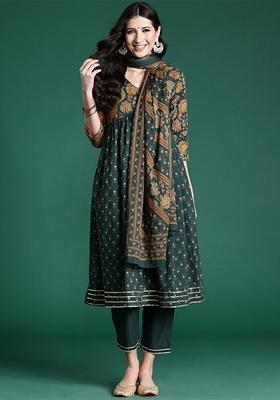 Green Printed Pure Cotton Salwar Kameez With Dupatta