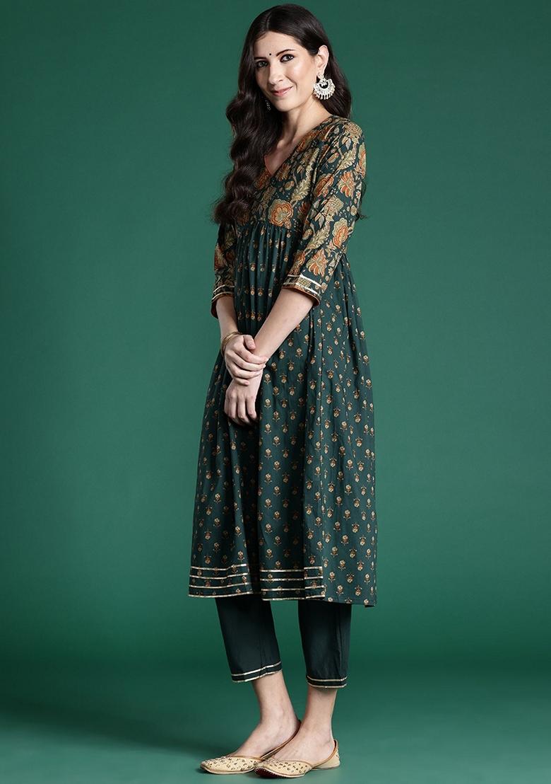 Green Printed Pure Cotton Salwar Kameez With Dupatta