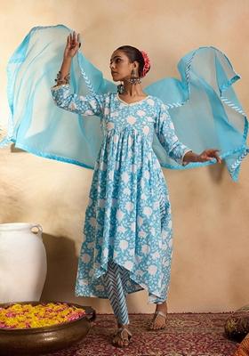Blue Printed Pure Cotton Salwar Kameez With Dupatta