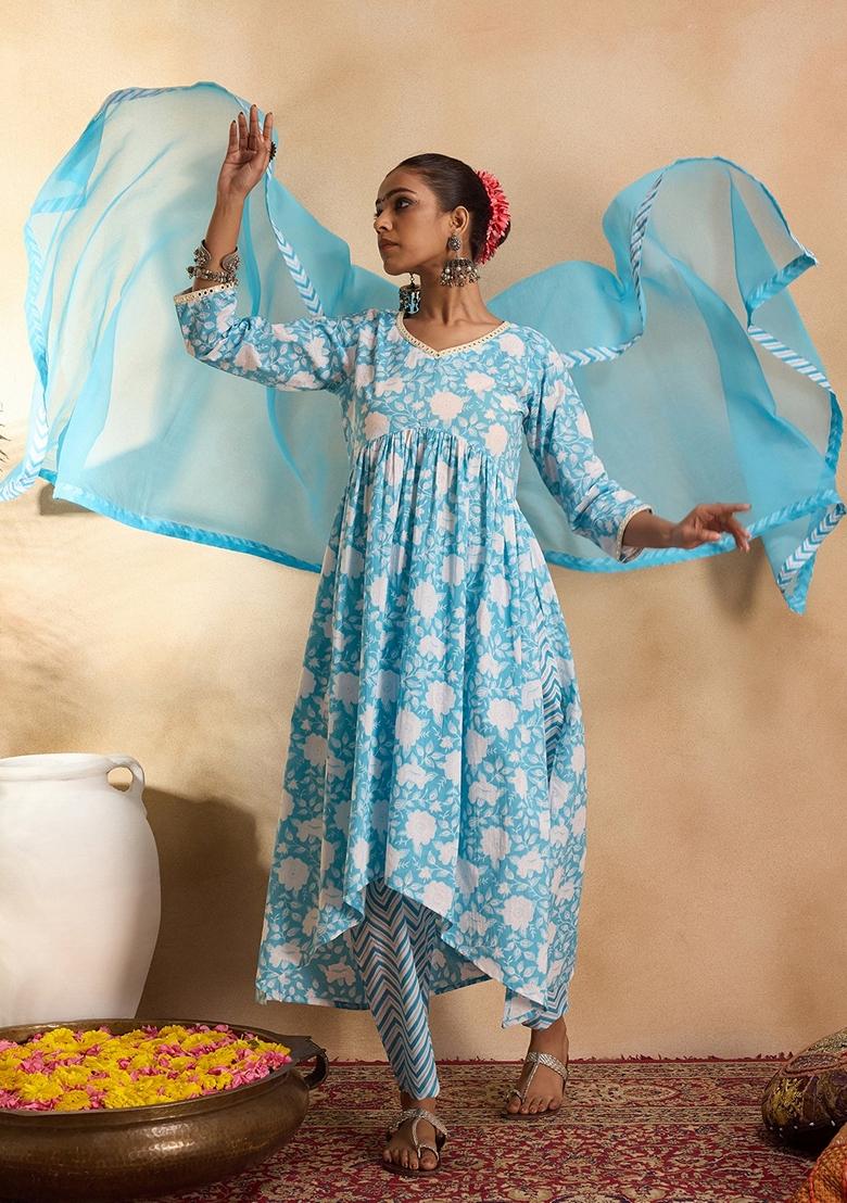 Blue Printed Pure Cotton Salwar Kameez With Dupatta