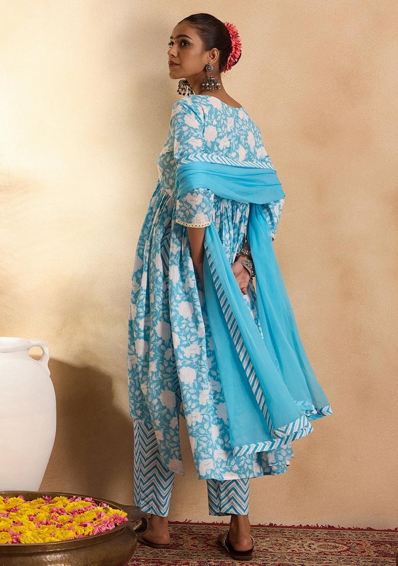 Blue Printed Pure Cotton Salwar Kameez With Dupatta