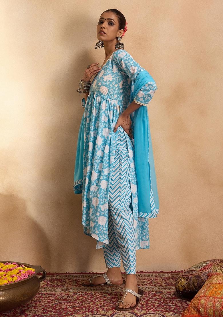 Blue Printed Pure Cotton Salwar Kameez With Dupatta