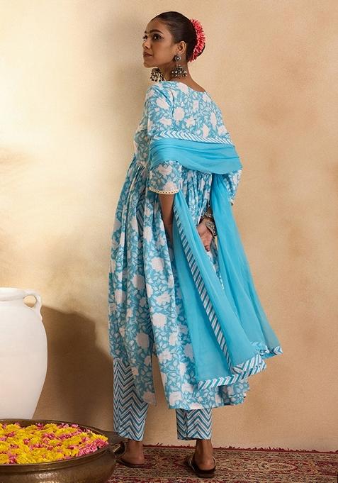 Blue Printed Pure Cotton Salwar Kameez With Dupatta