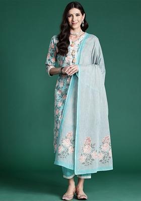 Blue Printed Pure Cotton Salwar Kameez With Dupatta