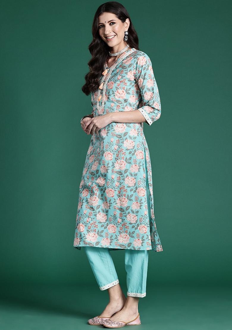 Blue Printed Pure Cotton Salwar Kameez With Dupatta