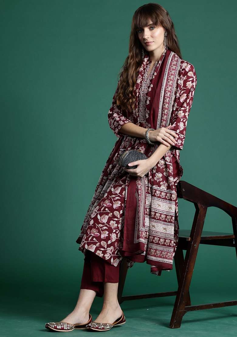 Maroon Printed Cotton Straight Kurta Set - Indya