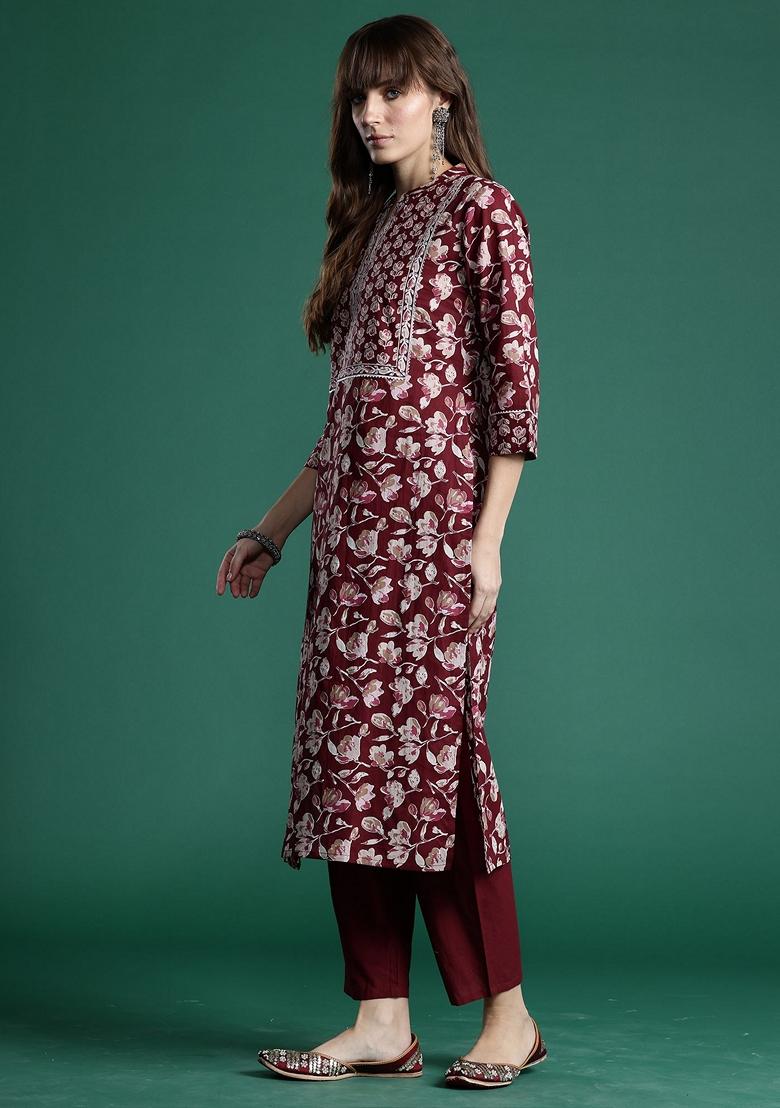 Maroon Printed Pure Cotton Salwar Kameez With Dupatta