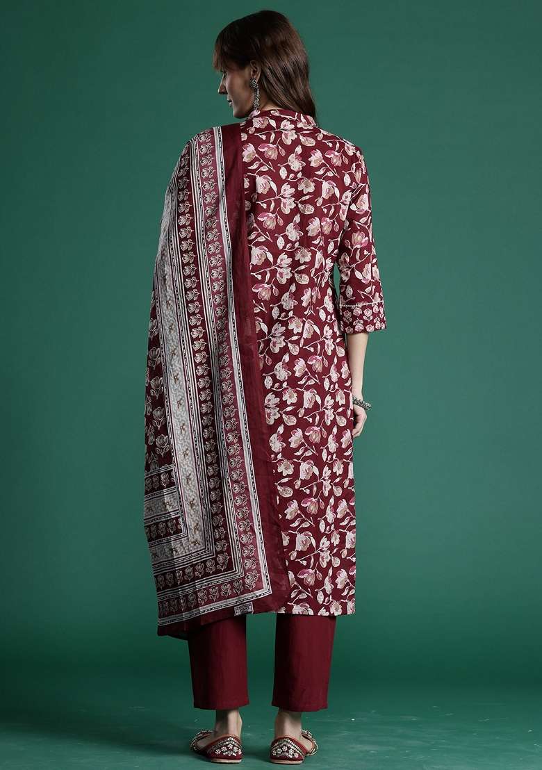 Maroon Printed Cotton Straight Kurta Set - Indya