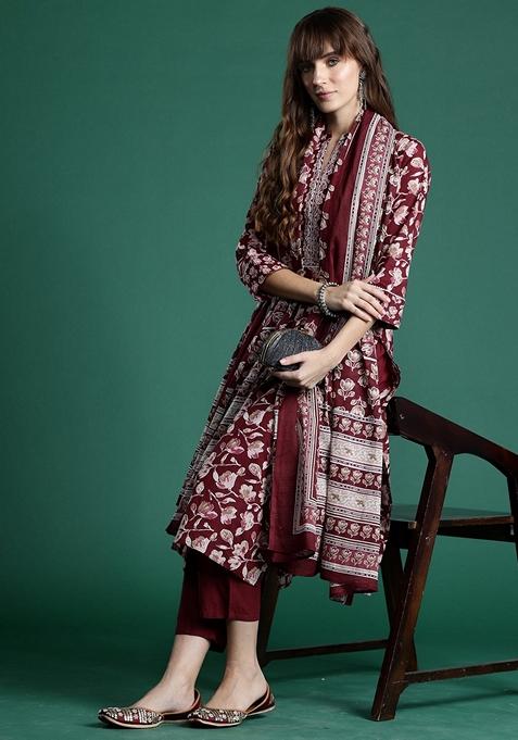 Maroon Printed Pure Cotton Salwar Kameez With Dupatta