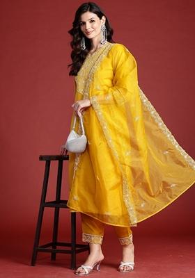 Mustard Yellow Embroidered Silk Blend Salwar Kameez With Dupatta