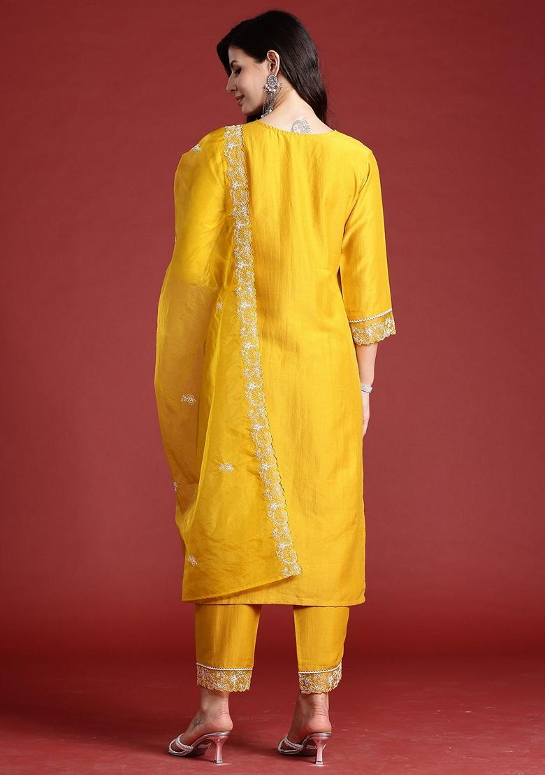 Mustard Yellow Embroidered Silk Blend Salwar Kameez With Dupatta