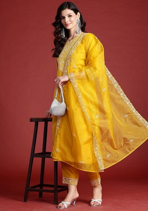 Mustard Yellow Embroidered Silk Blend Salwar Kameez With Dupatta