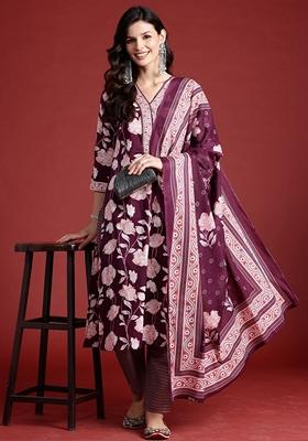 Burgundy Printed Pure Cotton Salwar Kameez With Dupatta